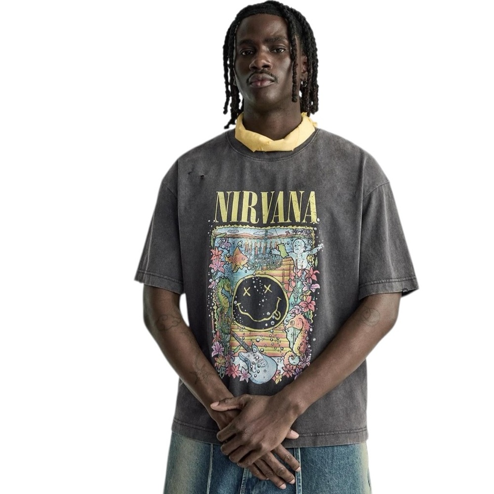 ZARA “Nirvana” Charcoal Graphic Short Sleeve Shirt